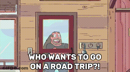 A Cartoon Of A Man Standing In A Doorway With The Words Who Wants To Go On A Road Trip ? GIF