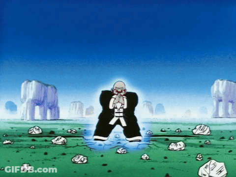 A Cartoon Of A Man Standing In A Field With A Blue Sky Behind Him GIF