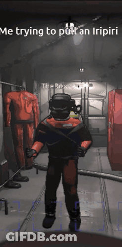 A Cartoon Of A Man Standing In A Hallway With The Caption " Me Trying To Put An Iripiiri " GIF