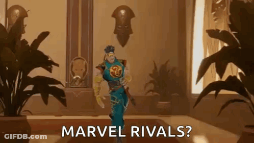 A Cartoon Of A Man Standing In A Hallway With The Words `` Marvel Rivals '' Written On The Floor . GIF
