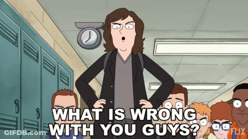 Cartoon Man Standing In Hallway Asking What Is Wrong With You Guys GIF