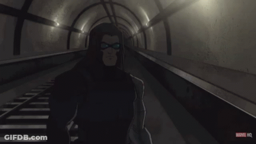 A Cartoon Of A Man Standing In A Tunnel With A Marvel Hq Logo Below Him GIF