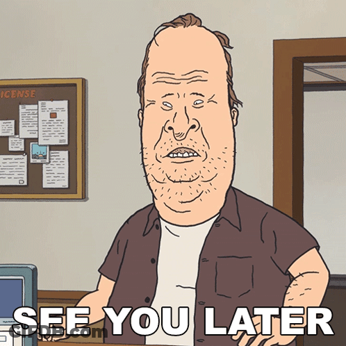 A Cartoon Of A Man Standing In Front Of A Bulletin Board That Says " See You Later " GIF