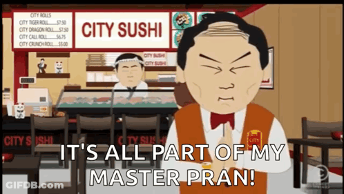 A Cartoon Of A Man Standing In Front Of A City Sushi Sign GIF