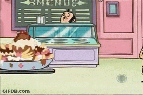 A Cartoon Of A Man Standing In Front Of A Display Case With Ice Cream In It . GIF