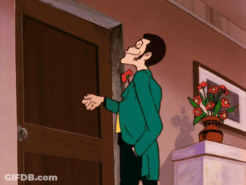 A Cartoon Of A Man Standing In Front Of A Door GIF
