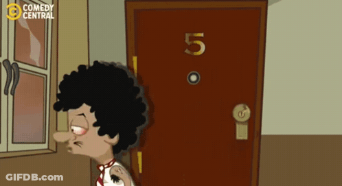 A Cartoon Of A Man Standing In Front Of A Door With The Number Five On It GIF