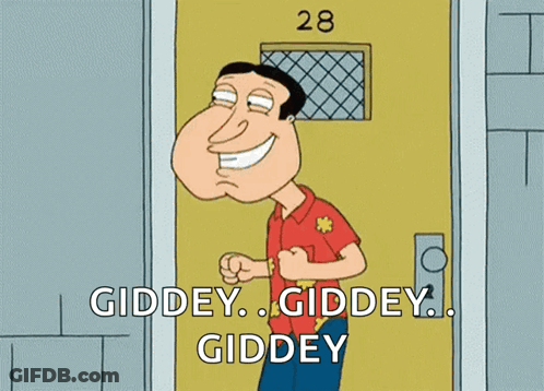 A Cartoon Of A Man Standing In Front Of A Door With The Words Giddy Giddy Giddy GIF