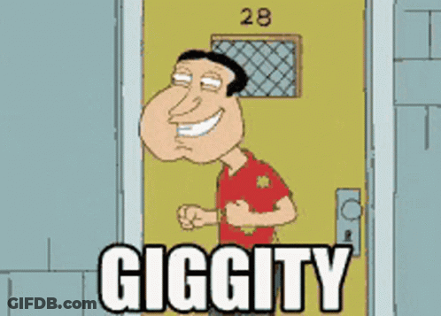 A Cartoon Of A Man Standing In Front Of A Door With The Words Giggity On It GIF