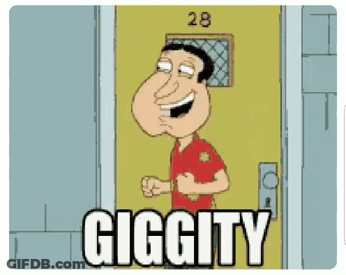 A Cartoon Of A Man Standing In Front Of A Door With The Words Giggity Written On It . GIF