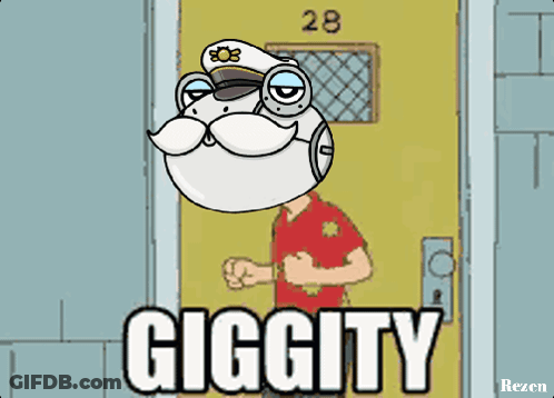 A Cartoon Of A Man Standing In Front Of A Door With The Words Giggity Written On It GIF