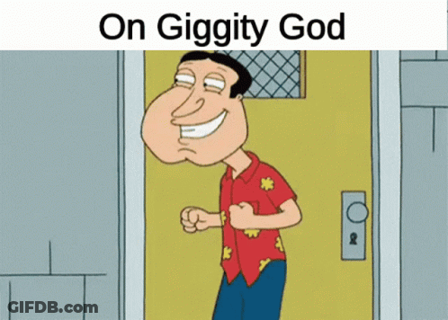 A Cartoon Of A Man Standing In Front Of A Door With The Words " On Giggity God " Above Him GIF