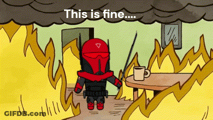 A Cartoon Of A Man Standing In Front Of A Fire With The Words `` This Is Fine '' Written On The Bottom . GIF