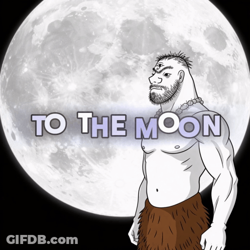 A Cartoon Of A Man Standing In Front Of A Full Moon With The Words " To The Moon " Below Him GIF