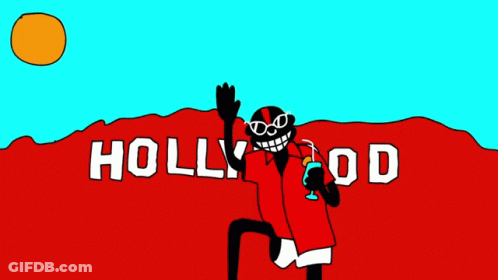 A Cartoon Of A Man Standing In Front Of A Hollywood Sign GIF