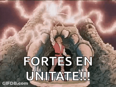 A Cartoon Of A Man Standing In Front Of A Monster With The Words Fortes En Unitate Written On It . GIF