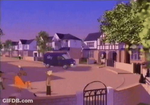 A Cartoon Of A Man Standing In Front Of A Playground With The Word Sky On The Bottom GIF