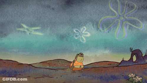 A Cartoon Of A Man Standing In Front Of A Spotlight With Spongebob Squarepants In The Background GIF