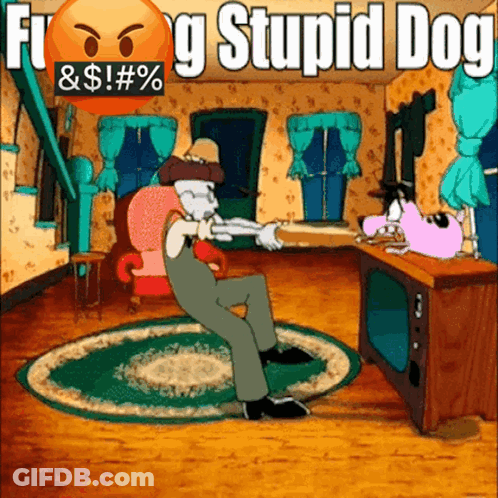 A Cartoon Of A Man Standing In Front Of A Television With The Words " Flying Stupid Dog " Written Above Him GIF
