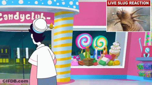 A Cartoon Of A Man Standing In Front Of Candy Club GIF