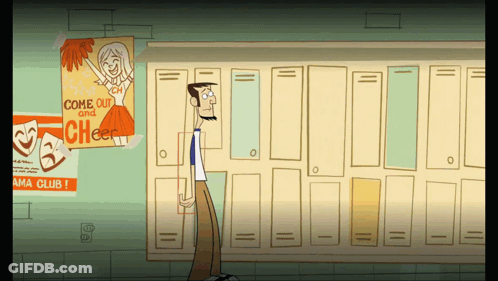 A Cartoon Of A Man Standing In Front Of Lockers With A Poster That Says Come Out And Cheer On It GIF