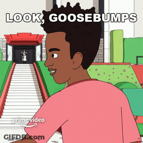 A Cartoon Of A Man Standing In Front Of Stairs With The Caption " Look Goosebumps " GIF