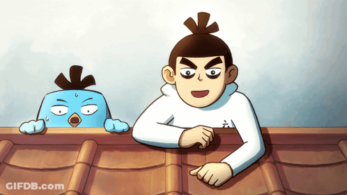 A Cartoon Of A Man Standing Next To A Blue Bird With A Surprised Look On Its Face GIF