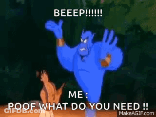 A Cartoon Of A Man Standing Next To A Blue Genie With The Words Beep Me Poof What Do You Need . GIF