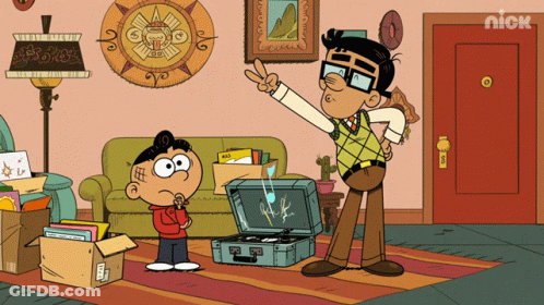 A Cartoon Of A Man Standing Next To A Boy In A Living Room With A Nick Logo On The Door GIF