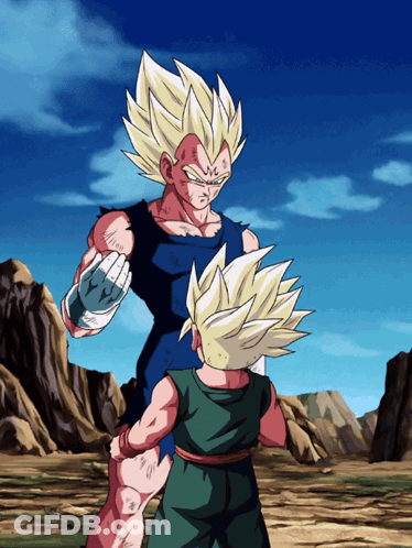 A Cartoon Of A Man Standing Next To A Boy With Blonde Hair GIF