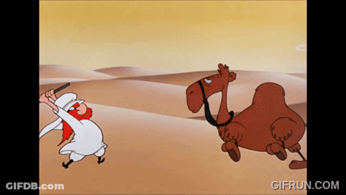 A Cartoon Of A Man Standing Next To A Camel With The Website Gifrun.com At The Bottom Of The Screen GIF