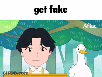 A Cartoon Of A Man Standing Next To A Duck With The Words Get Fake Below Him GIF