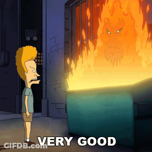 A Cartoon Of A Man Standing Next To A Dumpster With The Words Very Good Written Below Him GIF