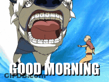A Cartoon Of A Man Standing Next To A Giant Animal With The Words Good Morning Below It GIF