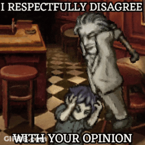 A Cartoon Of A Man Standing Next To A Girl With The Words I Respectfully Disagree With Your Opinion GIF