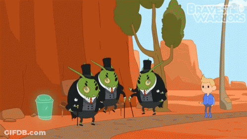 A Cartoon Of A Man Standing Next To A Group Of Grasshoppers With The Words Bravest Warriors On The Bottom GIF
