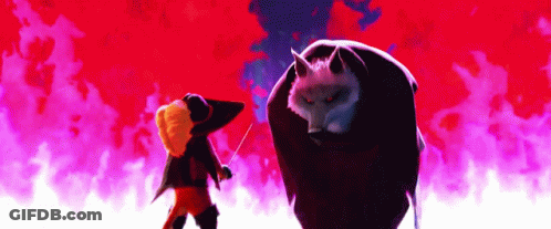 A Cartoon Of A Man Standing Next To A Large Wolf GIF