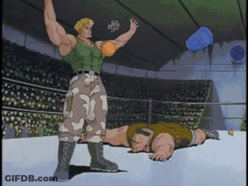 A Cartoon Of A Man Standing Next To A Man Laying On The Floor GIF