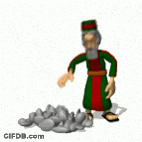 A Cartoon Of A Man Standing Next To A Pile Of Rocks . GIF