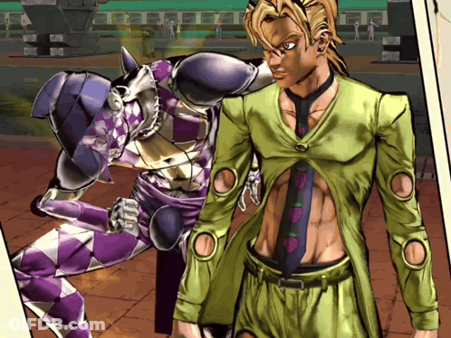 A Cartoon Of A Man Standing Next To A Purple And White Character GIF