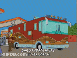 A Cartoon Of A Man Standing Next To A Red Bus That Says She 'S A Road Away Silver Coach GIF