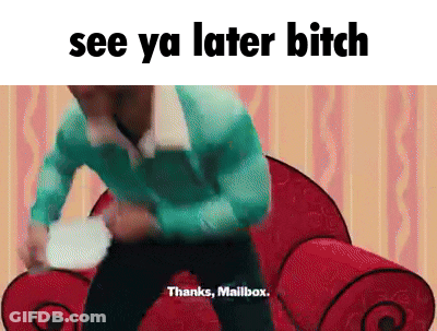 A Cartoon Of A Man Standing Next To A Red Chair With The Words See Ya Later Bitch GIF