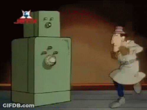 A Cartoon Of A Man Standing Next To A Safe With A Jetsons Logo On It GIF