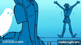 A Cartoon Of A Man Standing Next To A Statue With His Arms Outstretched And A Bird . GIF