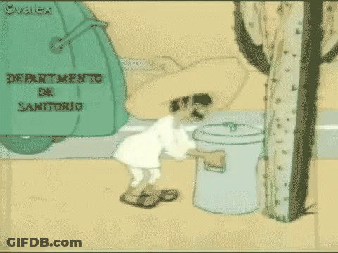 A Cartoon Of A Man Standing Next To A Trash Can . GIF