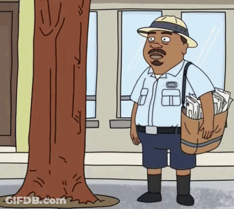 A Cartoon Of A Man Standing Next To A Tree With A Bag Of Newspapers GIF