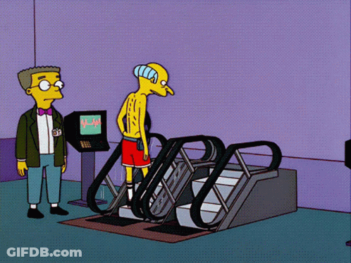 A Cartoon Of A Man Standing Next To An Escalator With A Monitor That Shows A Heartbeat GIF