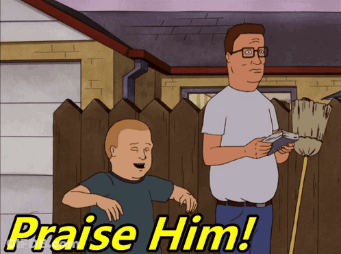 A Cartoon Of A Man Standing Next To Another Man With The Words Praise Him Written Above Them GIF