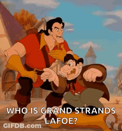 A Cartoon Of A Man Standing Next To Another Man With The Words `` Who Is Grand Strands Lafoe ? '' GIF