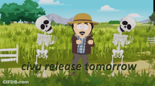 A Cartoon Of A Man Standing Next To Two Skeletons With The Words Civu Release Tomorrow Below Him GIF